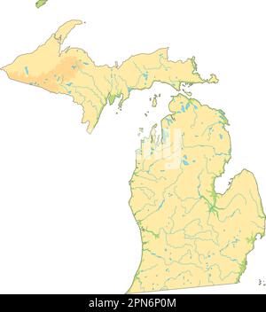 Mappa fisica del Michigan ad alta dettaglio. Illustrazione Vettoriale