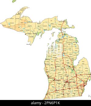 Mappa fisica del Michigan dettagliata con etichettatura. Illustrazione Vettoriale