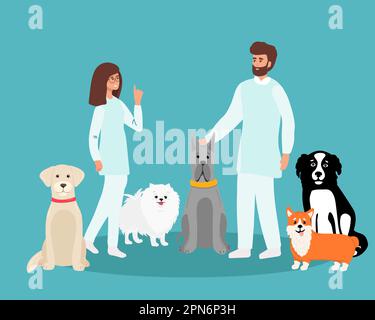 Veterinario di professione. Il veterinario della donna tiene un cane su uno sfondo isolato. Illustrazione vettoriale in uno stile piatto. Illustrazione Vettoriale