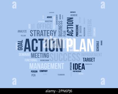 Concetto di base di Word cloud per il piano d'azione. Strategia di soluzione di idea di affari implementa il concetto. illustrazione vettoriale. Illustrazione Vettoriale