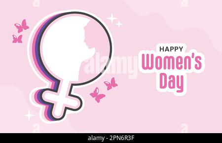 Stile adesivo Happy Women's Day testo con simbolo Venere, farfalle su sfondo rosa. Illustrazione Vettoriale