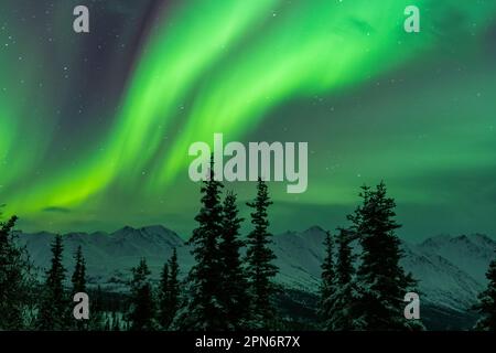 Luci del Nord sopra la catena montuosa di Chugach, Alaska Foto Stock