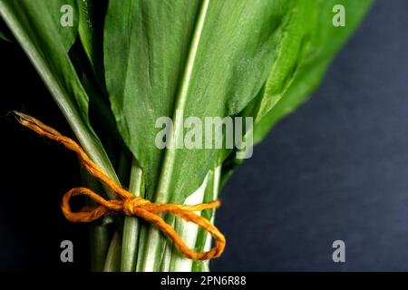 Aglio selvatico. Mazzo di foglie su una tavola nera. Foto Stock