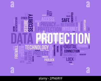 Concetto di background di Word cloud per la protezione dei dati. Sicurezza digitale, crittografia della tecnologia di rete per la sicurezza del cyber cloud. illustrazione vettoriale. Illustrazione Vettoriale