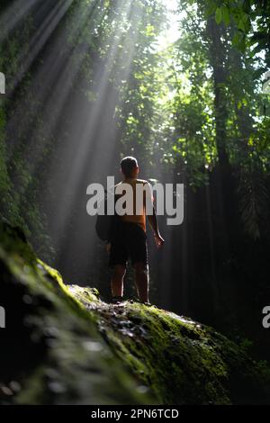 Un uomo in piedi su una pietra nella luce guarda in su. Luce nella da Foto Stock