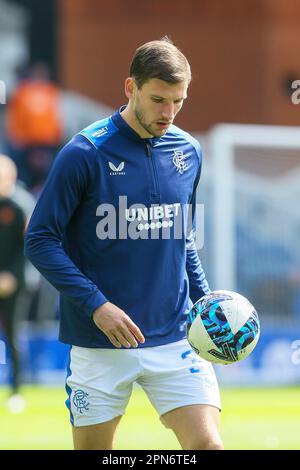 Borna Barisic, calciatore internazionale croato, difensore della Scottish Premiership Team, Rangers. Immagine scattata a Ibrox Park, Foto Stock