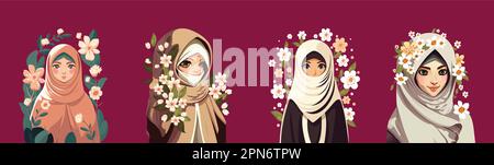 Giovani Donne musulmane che indossano Hijab e floreale decorativo su sfondo rosa scuro. Illustrazione Vettoriale