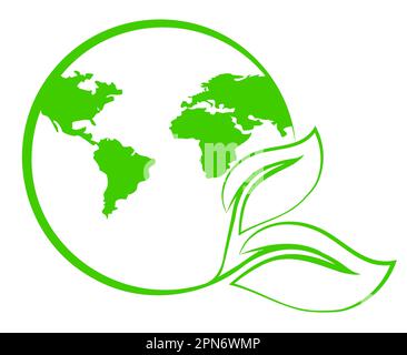 Pianeta terra con mappa e foglie verdi, logo o emblema, simbolo. Concetto di giornata della terra, ecologico del pianeta, attento all'ambiente. Ecologicamente pulito Illustrazione Vettoriale