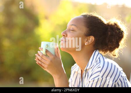 Profilo di una donna nera rilassato bere caffè e odore aroma in un parco Foto Stock