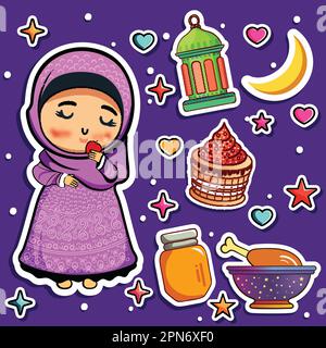 Sticker stile carino ragazza musulmana carattere mangiare Apple con Festivals elemento decorativo sfondo viola per Ramadan o Eid concetto. Illustrazione Vettoriale