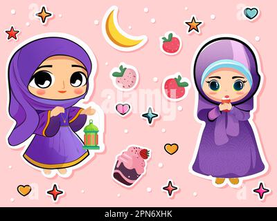 Sticker Style carino due ragazze musulmane Lanterna che tiene il personaggio con vetro e fragola, Cupcake e Stelle, cuori su sfondo rosa. EID o Ramadan Illustrazione Vettoriale