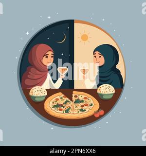 Ragazza musulmana personaggio Breaking veloce al mattino e la sera posizione durante il Festival islamico mese Santo Ramadan. Illustrazione Vettoriale