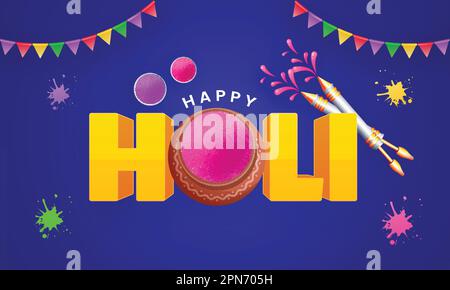 Happy Holi Celebration Concept con Pot in polvere di colore (Gulal), pistole ad acqua (Pichkari) su bandiere Bunting decorate sfondo blu. Illustrazione Vettoriale