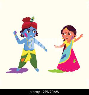 Illustrazione del personaggio Little Lord Krishna e Radha che giocano i colori insieme per un concetto Holi felice. Illustrazione Vettoriale