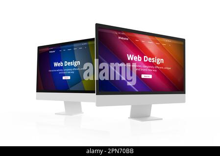 Due moderni display per computer con pagina di concetto di studio di web design. Progetti di design e presentazione del concetto di web design Foto Stock
