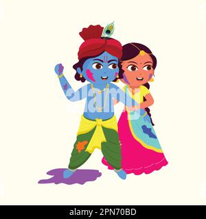 Naughty Little Lord Krishna e Radha giocando con i colori su sfondo beige. Happy Holi concetto. Illustrazione Vettoriale