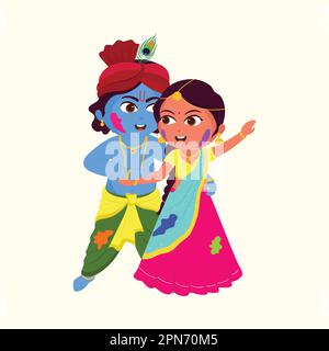 Illustrazione di Little Lord Krishna Danzando con il personaggio della Dea Radha su sfondo beige per il concetto Holi. Illustrazione Vettoriale