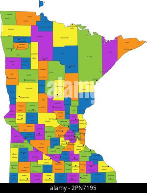 Mappa politica del Minnesota colorata con livelli chiaramente etichettati e separati. Illustrazione vettoriale. Illustrazione Vettoriale