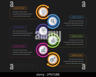 Modello della cronologia infografica aziendale con icone e opzioni per le etichette circolari 6. Illustrazione Vettoriale