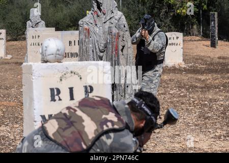 paintball Field, Paintball Aventura Marratxi, Marratxi, Maiorca, Spagna Foto Stock