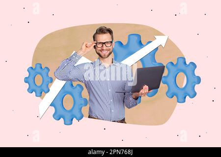 Grafica creativa grafica grafica collage 3D pittura di felice ragazzo sorridente inventando startup isolato disegno sfondo Foto Stock