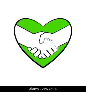 Stretta di mano, due mani bianche nel cuore verde Illustrazione Vettoriale