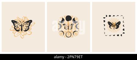 Disegno a mano vettoriale astratto illustrazioni grafiche concetto di design celeste con logo linea magica silhouette set di mistica farfalla volante, moth, sole e. Illustrazione Vettoriale