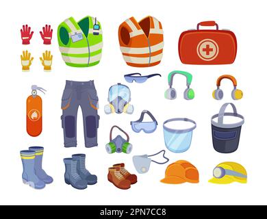 Set di illustrazioni vettoriali per abbigliamento e attrezzature di sicurezza Illustrazione Vettoriale