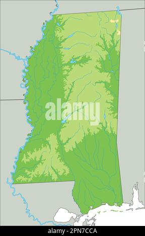 Mappa fisica del Mississippi dettagliata. Illustrazione Vettoriale