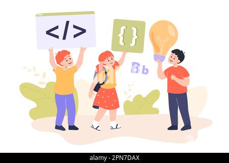 Bambini della scuola che si divertono mentre imparano circa la programmazione insieme Illustrazione Vettoriale