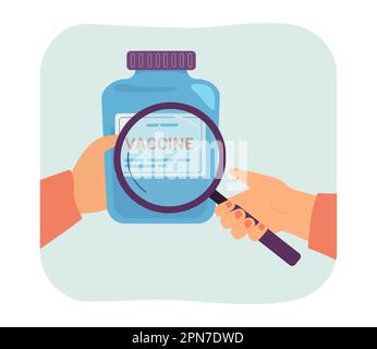 Lente d'ingrandimento con mano per l'analisi del vaccino Illustrazione Vettoriale