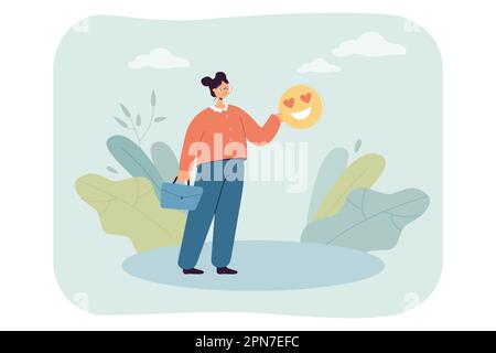 Donna depressa triste che tiene emoticon con il sorriso e i cuori Illustrazione Vettoriale