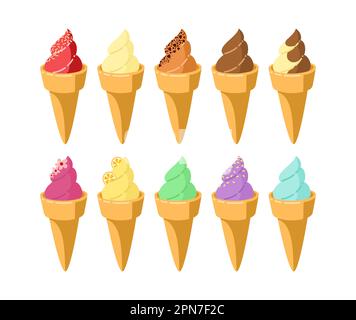 Coni gelato con coloratissimi rivestimenti set di illustrazioni vettoriali Illustrazione Vettoriale