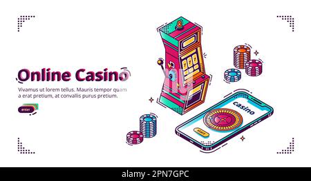 Casinò online mobile. Sfondo isometrico vettoriale con gettoni da gioco, slot machine e roulette sullo schermo dello smartphone. Poster pubblicitario, banner per l'app giochi d'azzardo Illustrazione Vettoriale