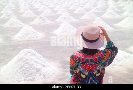 Il visitatore è impressionato dalle file di pile di sale di mare pure raccolte bianche nella Salt Farm della provincia di Samut Sakhon, Thailandia Foto Stock