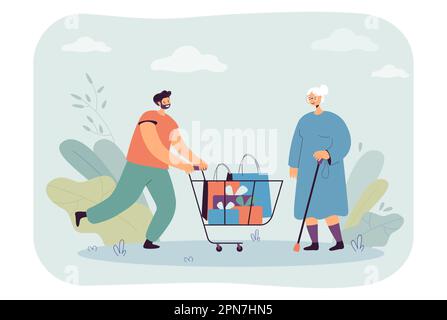 Uomo che porta acquisti nel carrello della spesa a madre anziana Illustrazione Vettoriale
