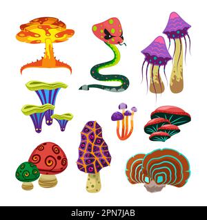 Set di illustrazioni vettoriali per funghi grovosi in stile 70s Illustrazione Vettoriale