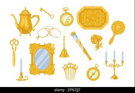 Set di illustrazioni vettoriali per accessori in oro vintage Illustrazione Vettoriale