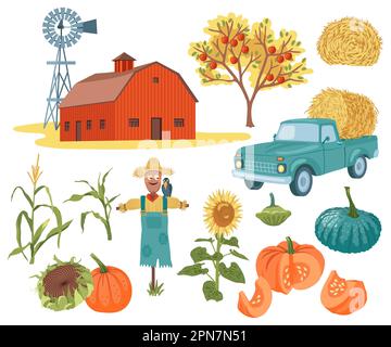 Set di illustrazioni vettoriali degli elementi di raccolta dell'azienda agricola Illustrazione Vettoriale