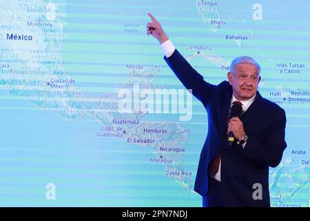 Città del Messico, Messico. 14th Apr, 2023. 14 aprile 2023, Città del Messico, Messico: Il presidente del Messico, Andres Manuel Lopez Obrador, parla durante la sua conferenza informativa questo venerdì al Palazzo Nazionale. Il 14 aprile 2023 a Città del Messico. (Foto di Carlos Santiago/ Eyepix Group/Sipa USA) Credit: Sipa USA/Alamy Live News Foto Stock