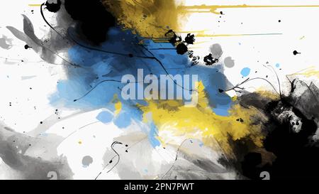 Arte moderna astratta Schizzi di colore blu, giallo e nero su sfondo bianco. Modello per banner in acquerello largo. Nuvola colorata o esplosione. Colori Illustrazione Vettoriale