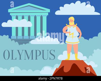 Zeus tenendo fulmine sulla montagna disegno cartone animato Illustrazione Vettoriale