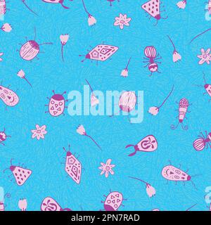 Senza cuciture modello vettoriale di insetti e fiori imballaggio tessile carta da parati scrapbook. Illustrazione vettoriale Illustrazione Vettoriale