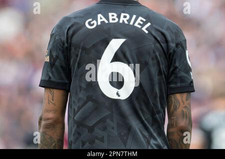 Primo piano di Gabriele Gesù dell'Arsenale. Incontro della Premier League, West Ham Utd contro Arsenal al London Stadium, Queen Elizabeth Olympic Park a Londra domenica 16th aprile 2023 . Questa immagine può essere utilizzata solo per scopi editoriali. Editoriale solo foto di Sandra Mailer/Andrew Orchard SPORTS photography/Alamy Live news Foto Stock