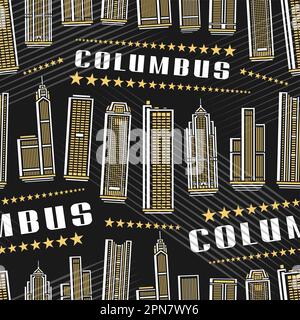 Vector Columbus Seamless Pattern, sfondo ripetuto con illustrazione del famoso paesaggio cittadino di columbus su sfondo scuro per carta da imballaggio, decorati Illustrazione Vettoriale