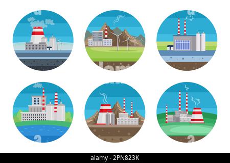 Set di illustrazioni cartoni animati delle centrali termiche Illustrazione Vettoriale