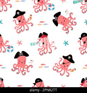 Cartoon polpo modello senza cuciture. Stampa pirati, simpatica grafica subacquea doodle animale. Modello di tessuto ragazza ragazzo, sfondo vettoriale asilo nido Illustrazione Vettoriale