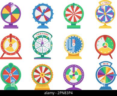 Fortune Wheels, ruota delle opportunità di gioco isolata. Gioca alla roulette, alla lotteria o al premio vincente al casinò. Simboli fortunati, gioco d'azzardo decente icone vettoriali Illustrazione Vettoriale