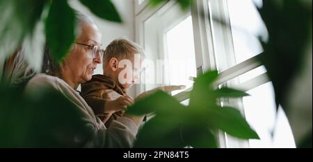 Nonna con il suo piccolo nipote che guarda fuori dalla finestra. Foto Stock