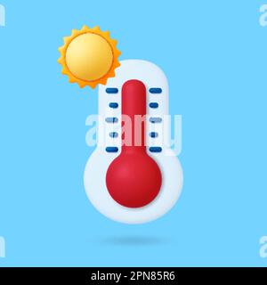 Termometro meteorologico a temperatura calda. 3D sole, elemento grafico di previsione. Icona del calore vettoriale di rendering realistico per app, web design, programmi tv Illustrazione Vettoriale